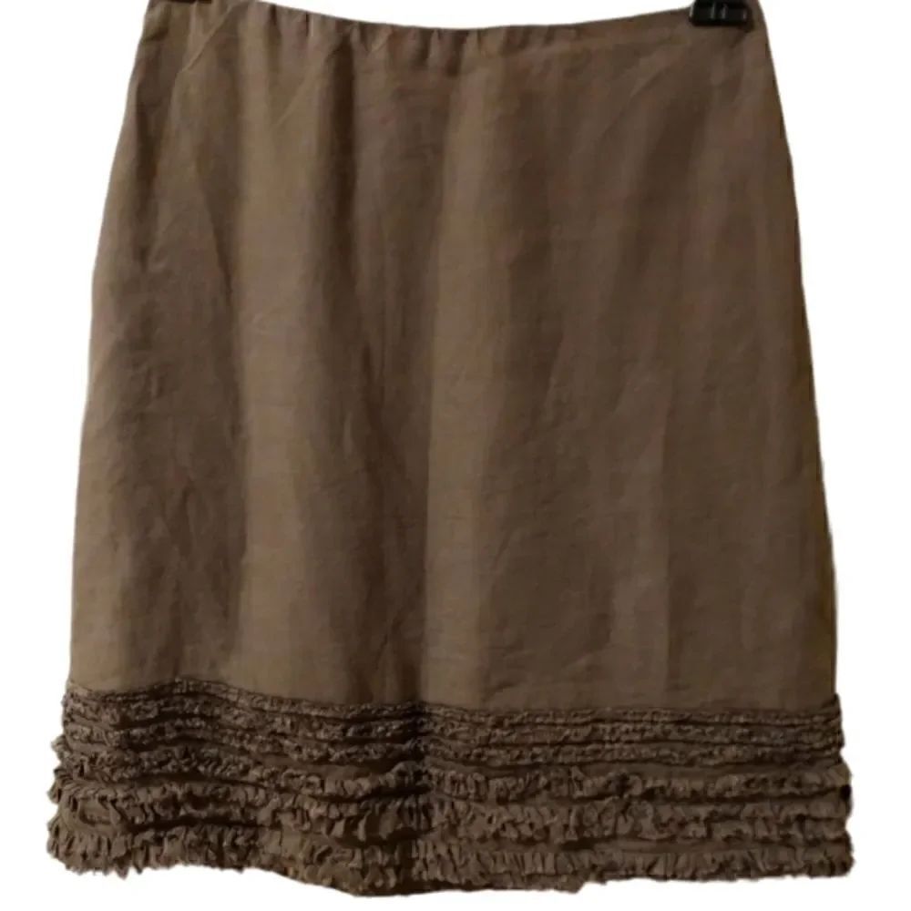 Eileen Fisher Irish linen taupe skirt with frayed/fringed tiered hem size PP